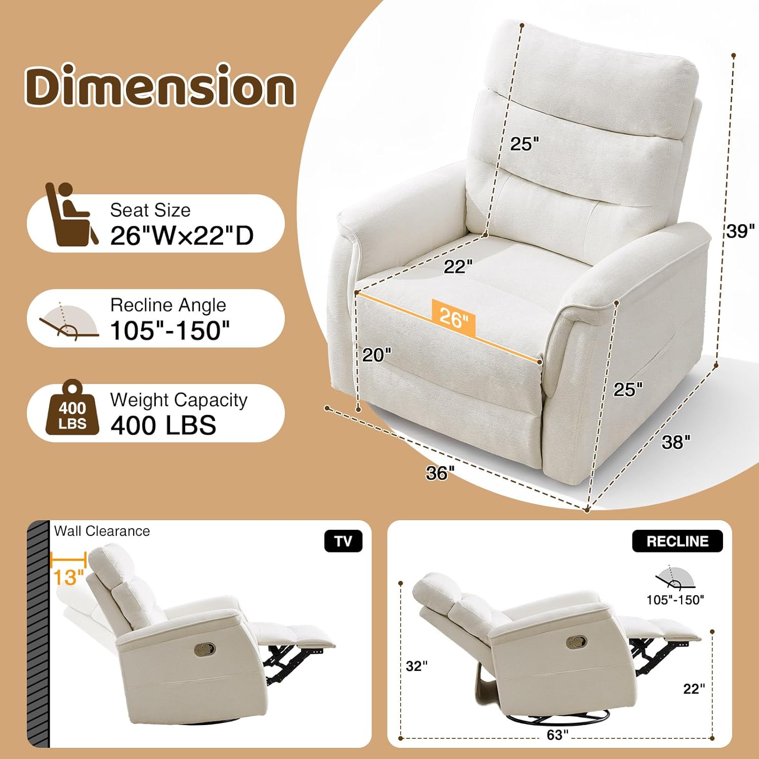 Oversized Swivel Rocker Recliner, 26'' Extra Wide Rocking Recliner Nursery Chair, Manual Swivel Recliner for Nursery, Reclining Rocking for Living Room, Cream White