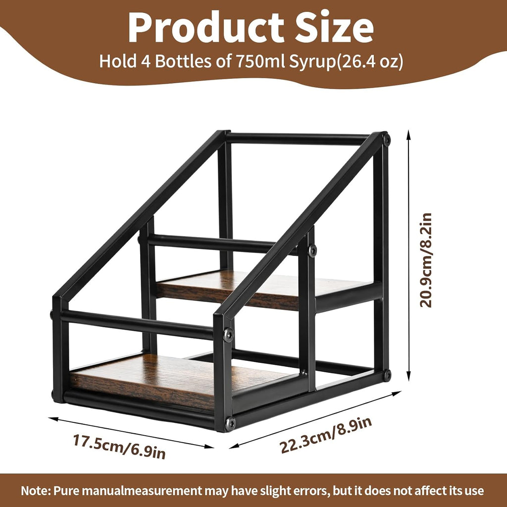 YQBRAO Coffee Syrup Rack Organizer,Liquor Bottle Display Shelf,2-Tier 4 Bottle Stand for Coffee Bar, Kitchen Station, Liquor, Wine, Dressing,Rustic Brown