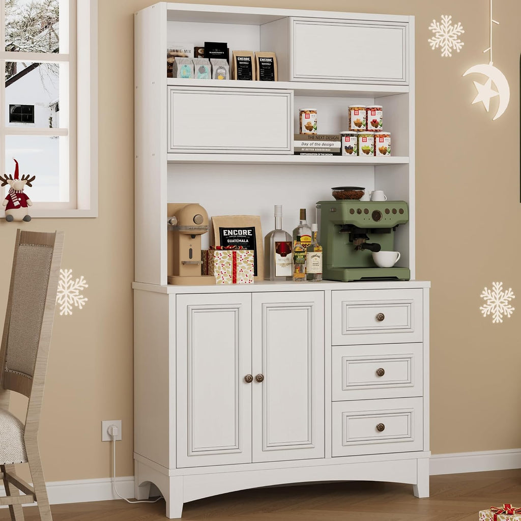 BOSHIRO 71" Farmhouse White Pantry Cabinet with Charging Station, 4-Type Storage & Anti-Tip Design, Kitchen Cabinet with Adjustable Shelves