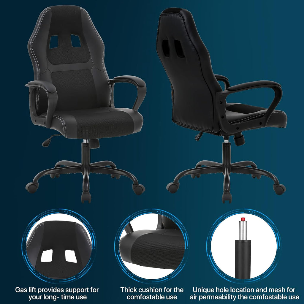 Gaming Chair PC Office Chair Ergonomic Gamer Chair PU Leather Executive Computer Chair with Lumbar Support High Back Adjustable Rolling Swivel Desk Chair for Adult Teen, Black