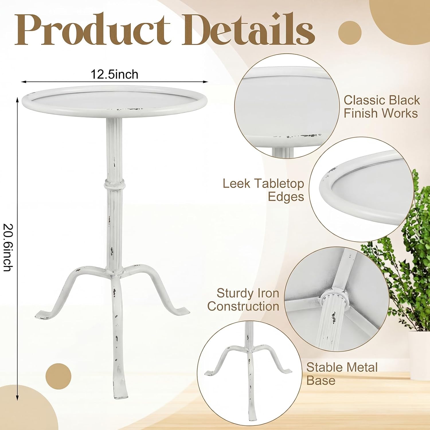 RattanView 1 Pcs Metal Martini Table White Small Round Drink Table12.5 x 12.5 x 27.75 Inches Pedestal Iron Tables for Small Living Room Bedroom Spaces
