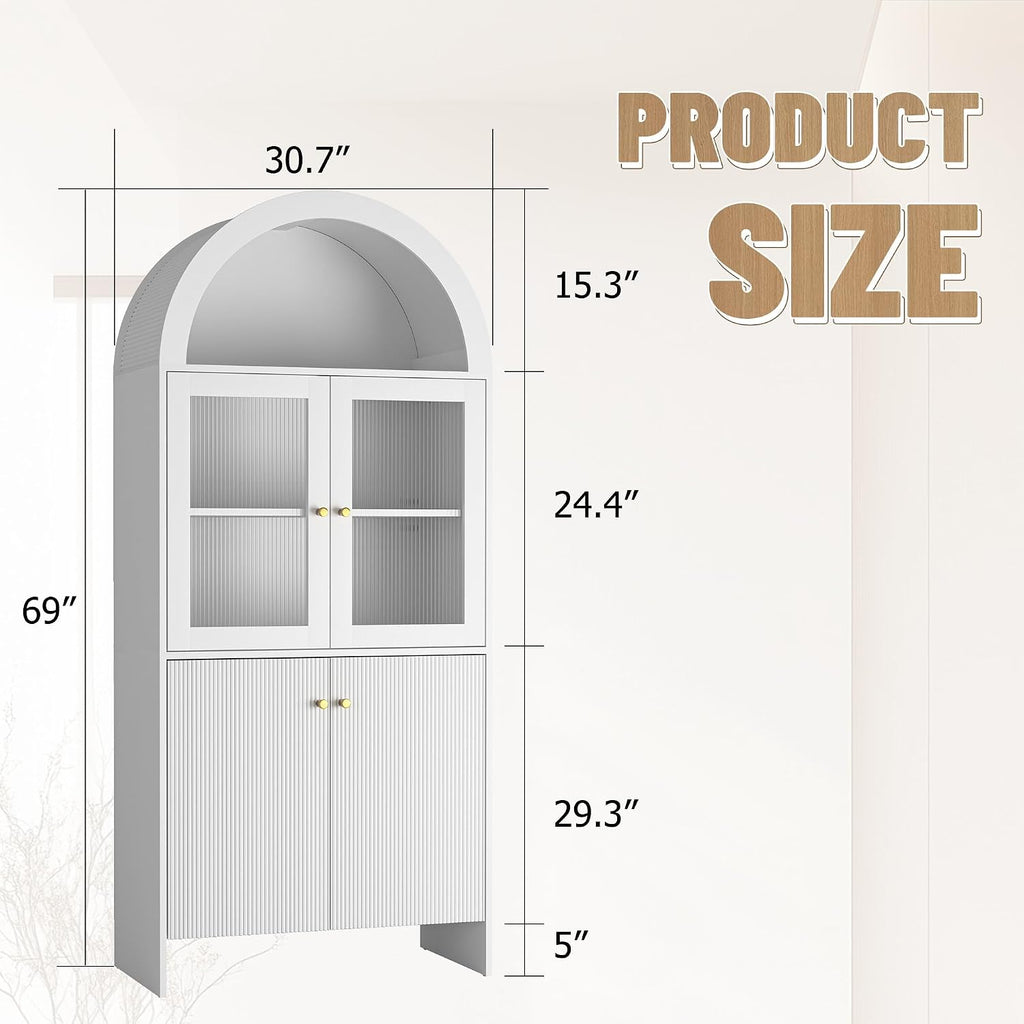 Spaco 69" Tall Arched Kitchen Pantry Cabinet with Led Lights,Wood Fluted Kitchen Storage Cabinet with 5-Tiers Storage Shelves,Modern Versatile Cupboard with Glass Doors for Dining Room. (White)
