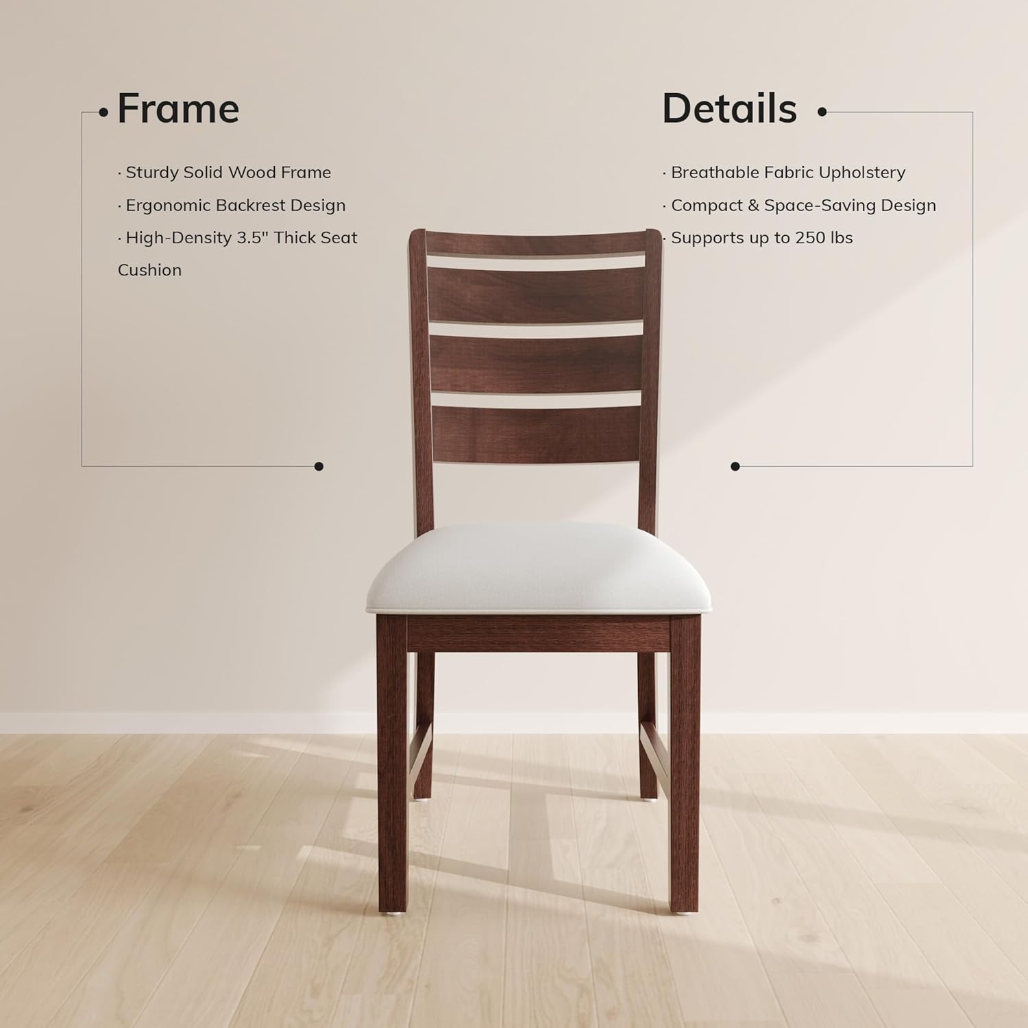 COLAMY Wooden Dining Chairs Set of 4, Farmhouse Upholstered Dining Room Chairs with 3.5" Thick Cushion, FSC Solid Wood Ladder Back Kitchen Chairs for Home and Restaurant, Easy Clean,Brown