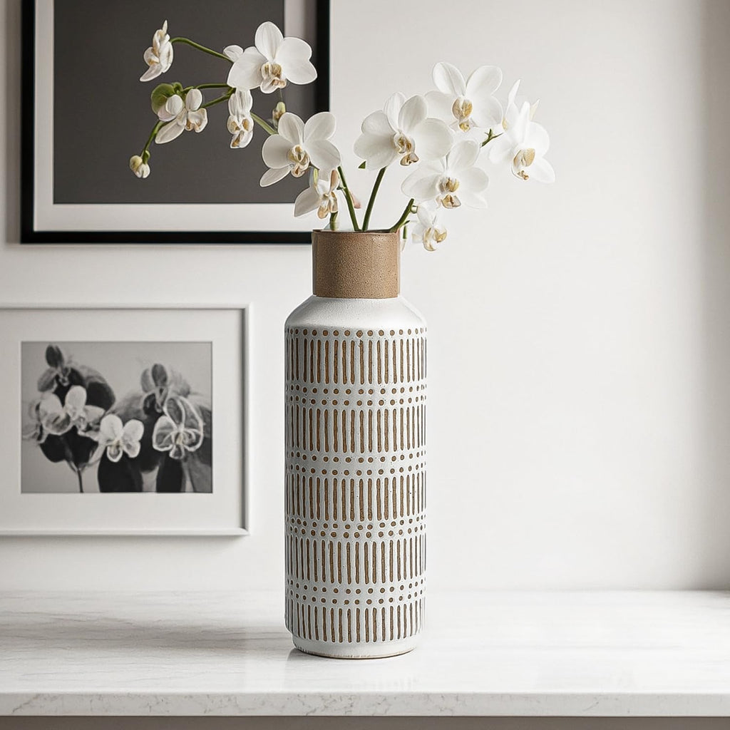 Rustic Ceramic Vase for Living Room Bedroom 11.02'' Farmhouse White Flower Vases for Bouquet Fake Plant Home Decor Office Table Shelf Fireplace Centerpieces Retro Vintage Classic Modern