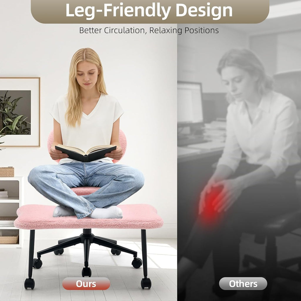 Ergonomic Cross Legged Chair, 360° Swivel Meditation Chair with Wheels, Height Adjustable Seat for Meditation, ADHD & Yoga, Teddy Fabric Yoga Stool for Home Office, Pink