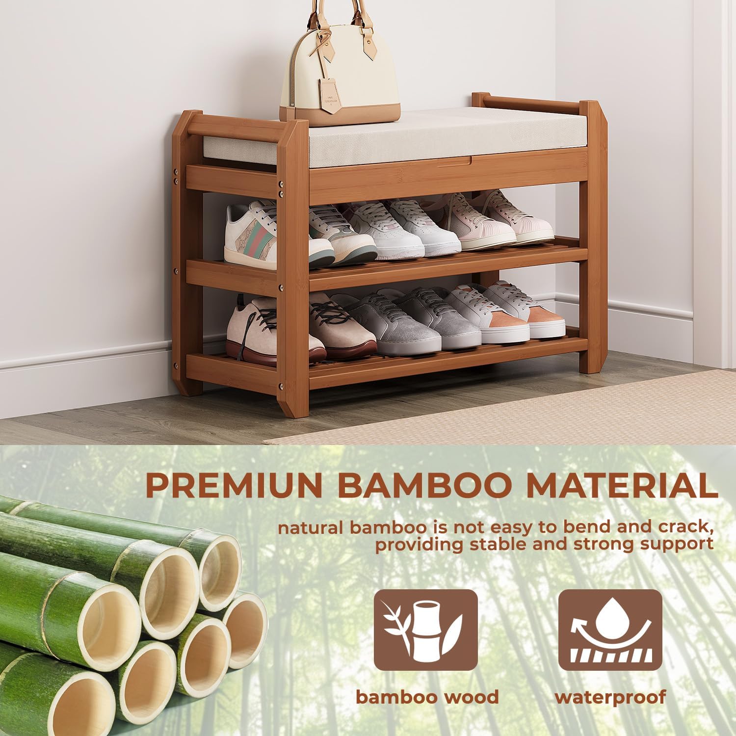 27.6" Bamboo Shoe Bench with Cushion, 5 Hooks Coat Rack, 2-Tier Storage Bench for Entryway, Heavy Duty Shoe Rack Organizer with Removable Soft Cushion for Living Room Bedroom Hallway