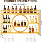 Wine Rack Wall Mounted with LED Lights - 3 Tier Metal Liquor Bottle Display Shelf with Glass Holder, Modern Home Bar Decor for Kitchen and Dining Room (Gold, 55.1 Inch)