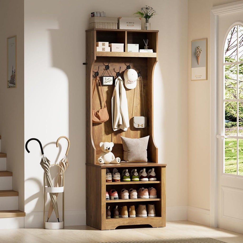 HOMMPA 24" Hall Tree with Bench and Shoe Storage, 5-in-1 Entryway Hall Tree with LED Light, 5 Tri-Hooks, Shoe Cabinet & Open Compartment, Farmhouse Style Mudroom Storage Bench w/Coat Rack for Hallway