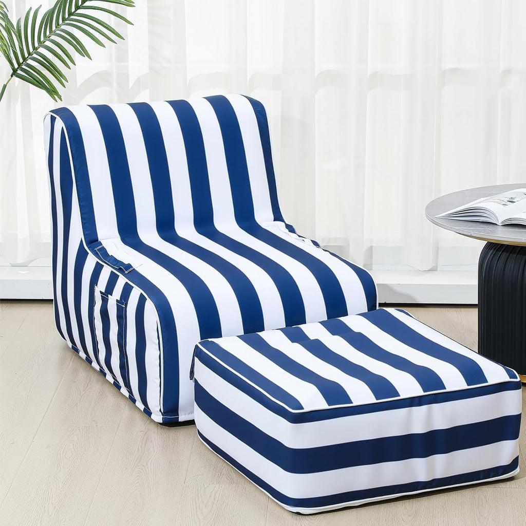 Gemscream Outdoor Inflatable Bean Bag Chair and Ottoman, Portable Inflatable Bean Bag and Ottoman with Handle for Patio Garden Home Boho Decorative Living Room(Blue and White Stripes)