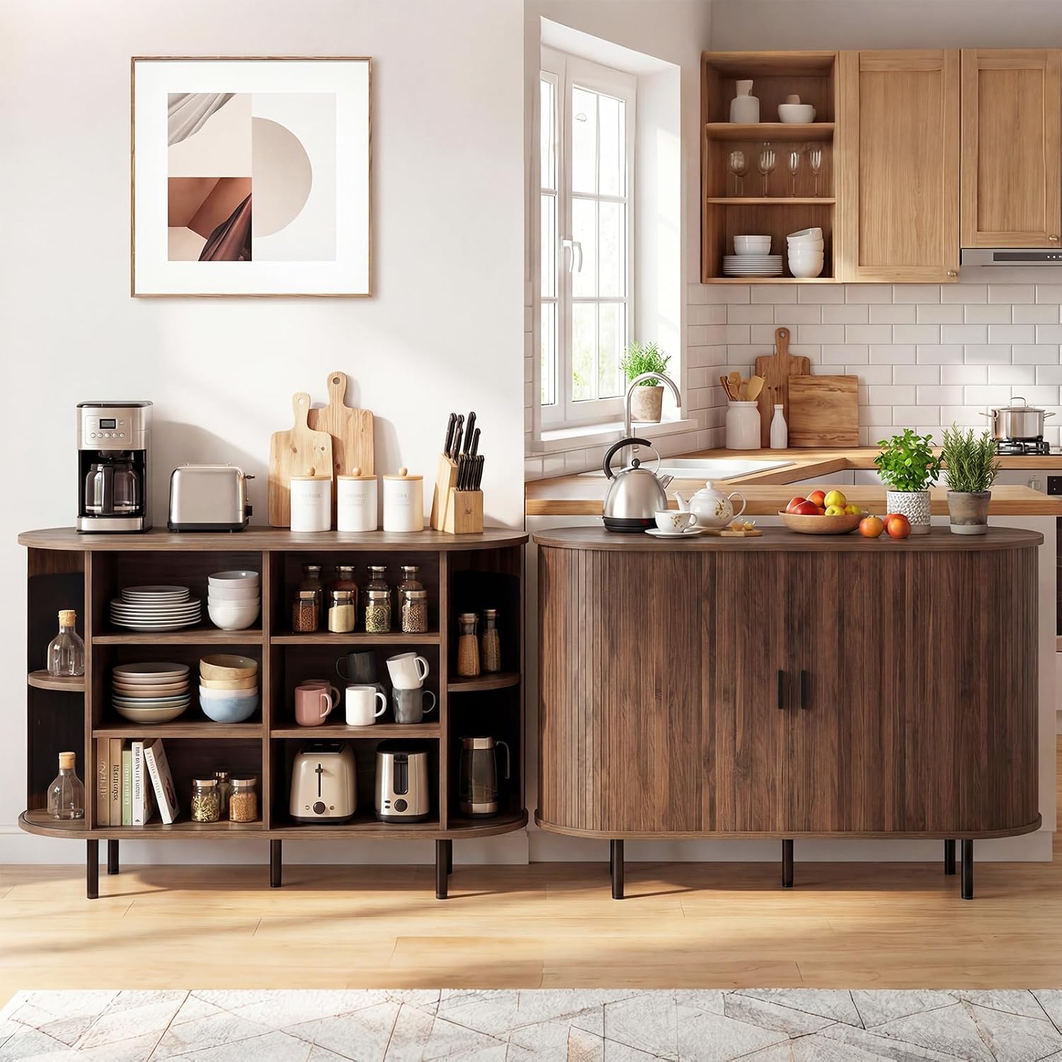 Giantex 47'' Fluted Sideboard Buffet Cabinet with Tambour Sliding Doors, Coffee Bar Console Table w/Metal Legs, Mid Century Storage Credenza Cabinet for Kitchen Dining Room Living Room (Walnut)