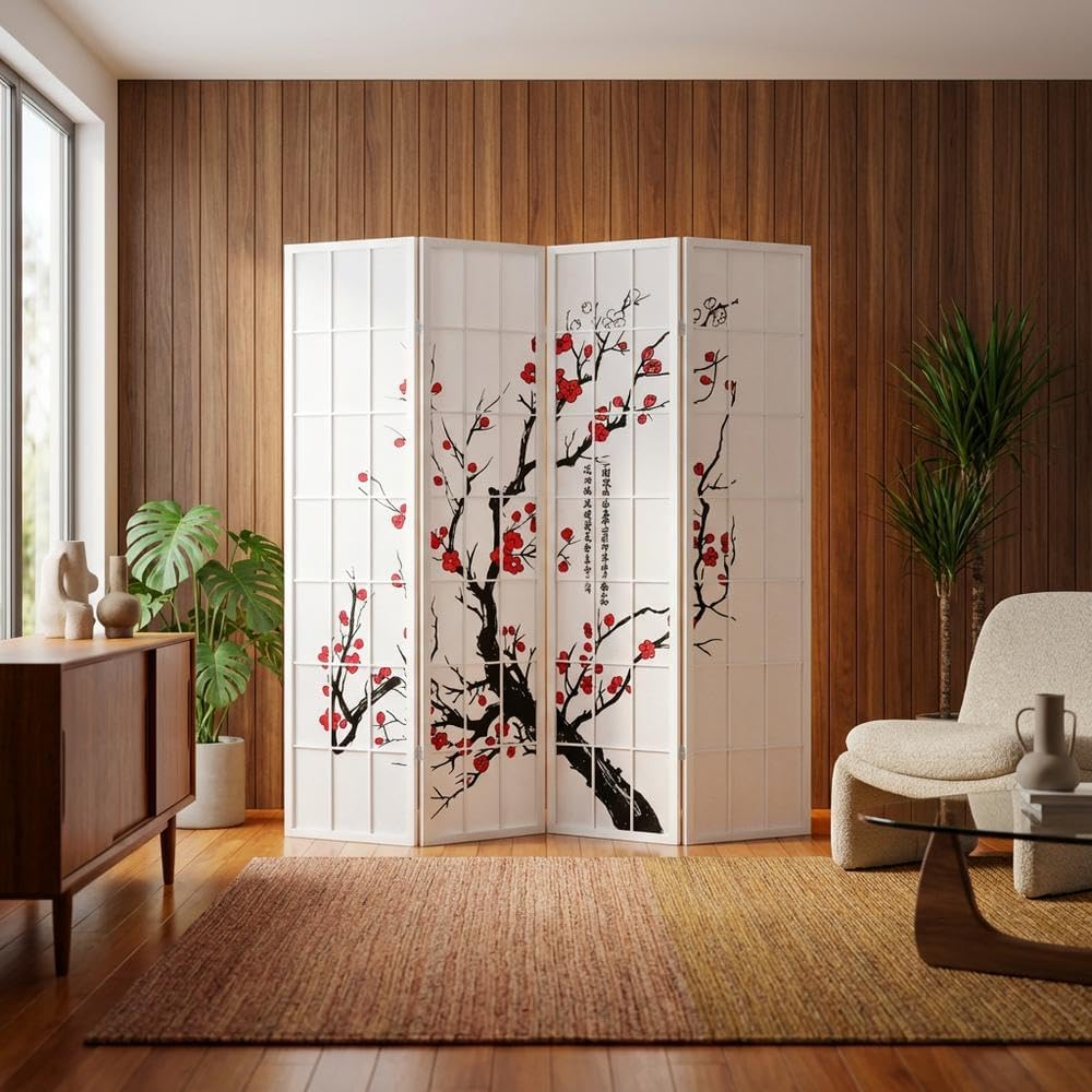 FurniFact White 4-Panel Wood Room Divider, Folding Privacy Screen, Fabric Panels, Floral Print, Oriental Style, 70 Inch, Freestanding