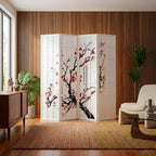 FurniFact White 4-Panel Wood Room Divider, Folding Privacy Screen, Fabric Panels, Floral Print, Oriental Style, 70 Inch, Freestanding