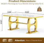 69" Faux Marble Dining Table for 6, Modern Rectangular Kitchen Table with Gold Mirrored Stainless Steel Double H-Shape Base, Luxury Dining Table for Living Room, Home Office