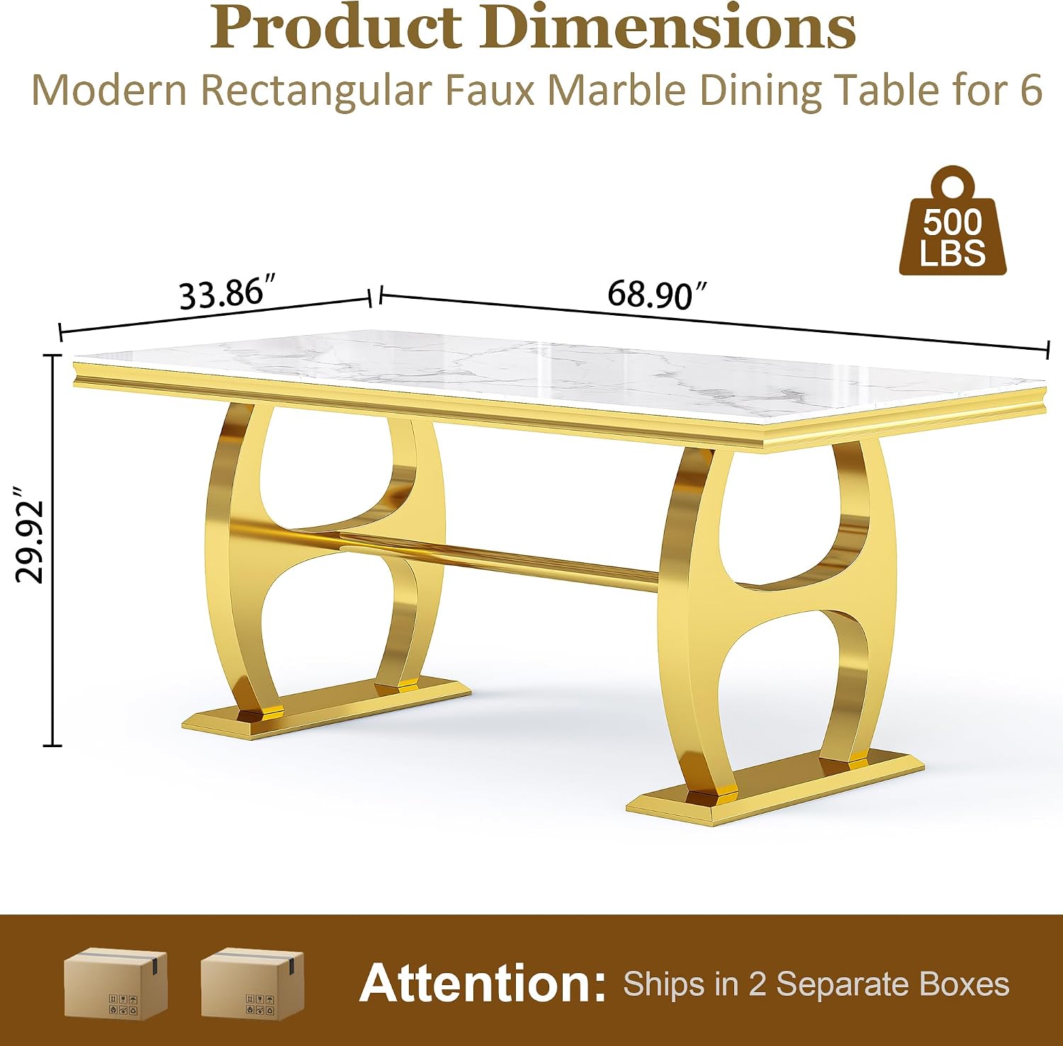 69" Faux Marble Dining Table for 6, Modern Rectangular Kitchen Table with Gold Mirrored Stainless Steel Double H-Shape Base, Luxury Dining Table for Living Room, Home Office