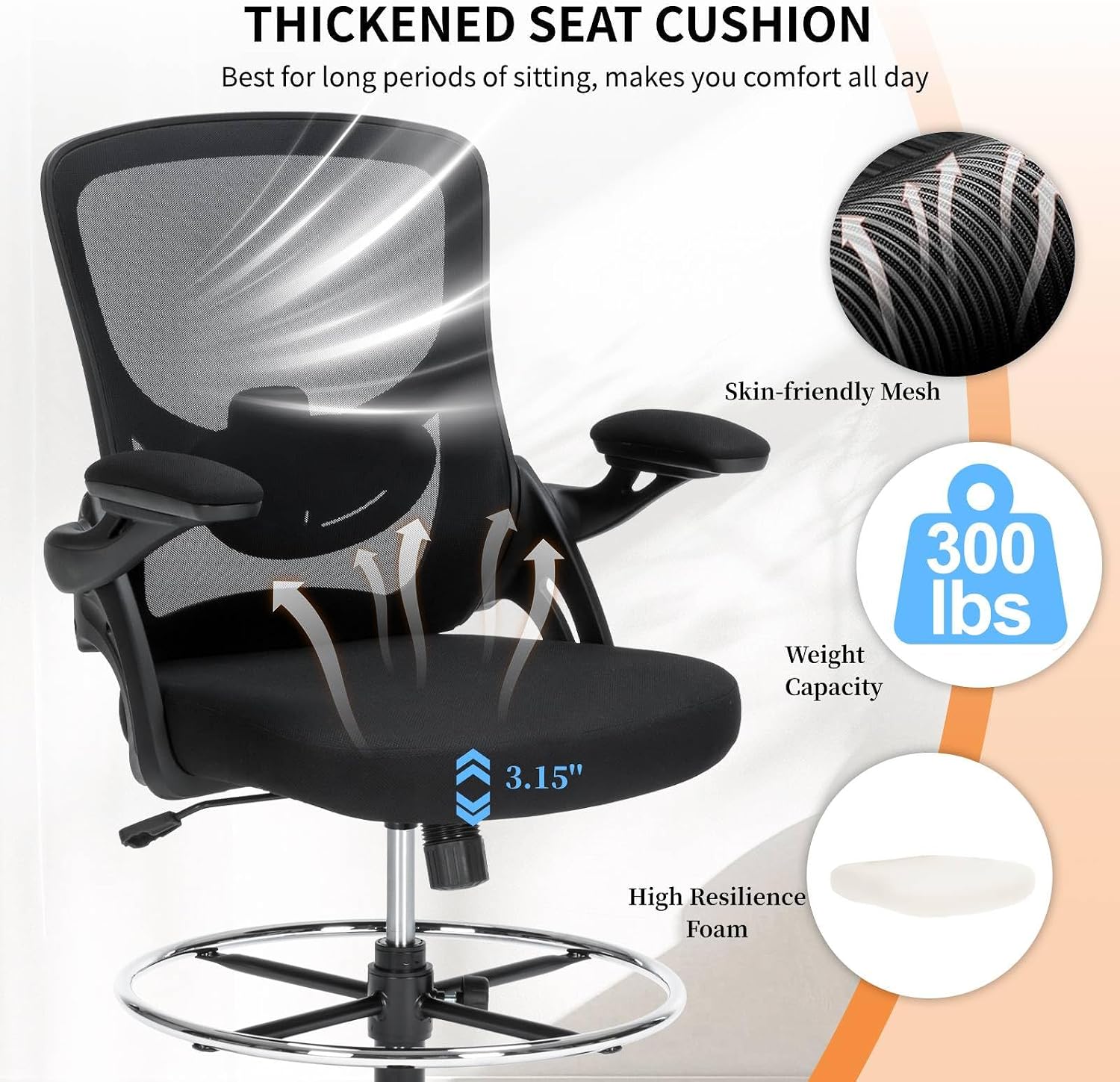 Drafting Chair, Tall Office Chair for Standing Desk, Ergonomic Standing Desk Chair with Flip-up Armrests, Counter Height Office Chair with Footrest and Adjustable Lumbar Support
