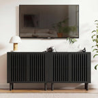 CHUWELL 31.5" Farmhouse Buffet Cabinet with Storage, Modern Black Sideboard Coffee Bar Cabinet with Grille-Striped Doors & Adjustable Shelf, Accent Storage Cabinet with Solid Wood Feet for Dining Room