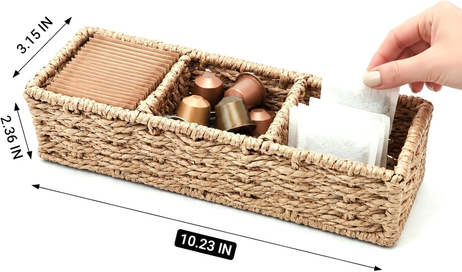 3-Compartment Braided Tea Bag Organizer For Countertop Or Drawer | drawer organizer, small tea coffee pod holder, country style, paper rope, basket, woven, storage bin