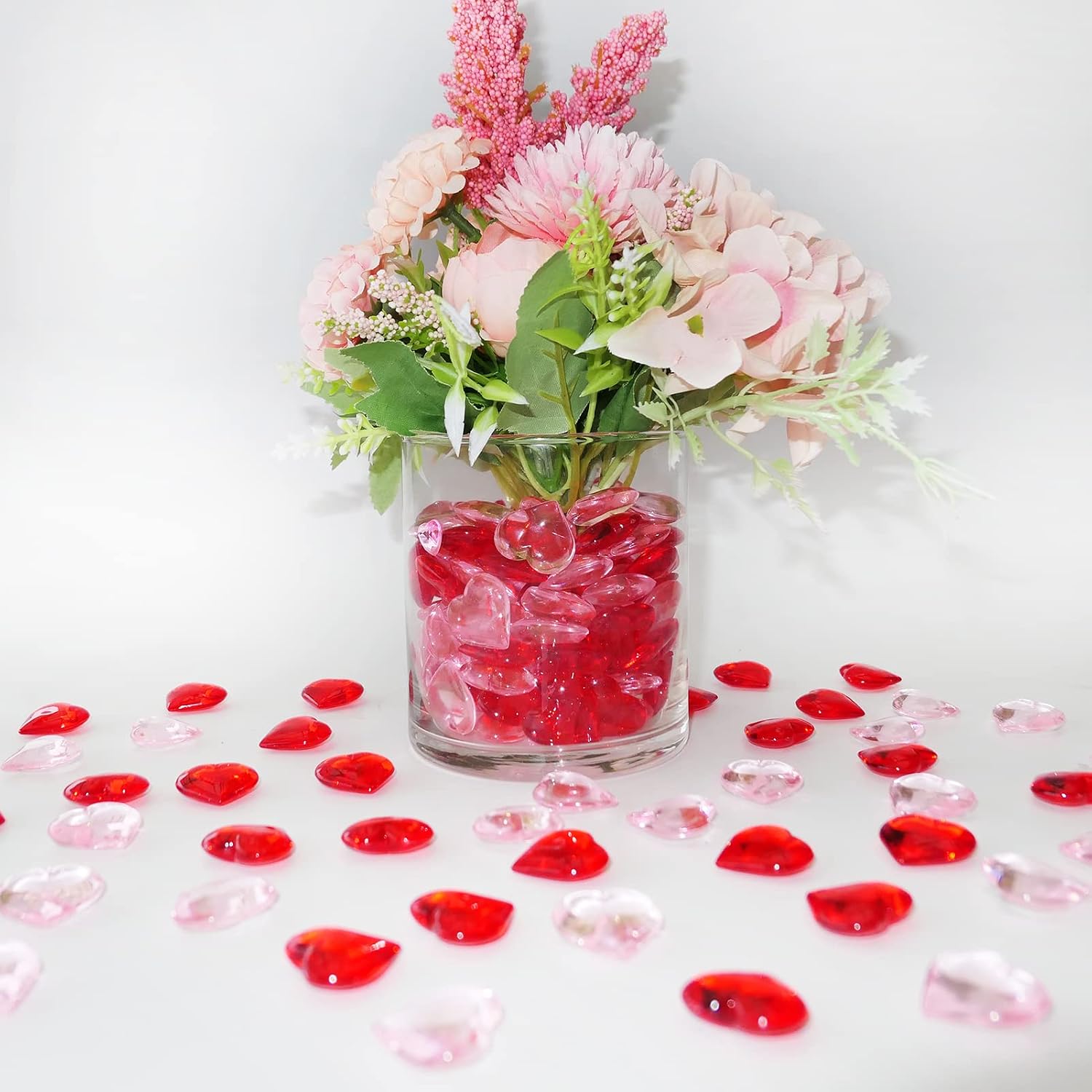 HADDIY Valentines Day Heart Gems Decorations,152 Pcs Red Pink Plastic 3D Heart Shaped Rocks for Wedding Vase Filler,Bowl Filler,Table Scatter,Crafts and Tic Tac Toe