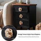 American Country Retro Style Side Table Cabinet, Classic Solid Wood Bedroom Bedside Table, Equipped with Three Drawers, Handcrafted Floral Handles (Antique Black+Walnut)
