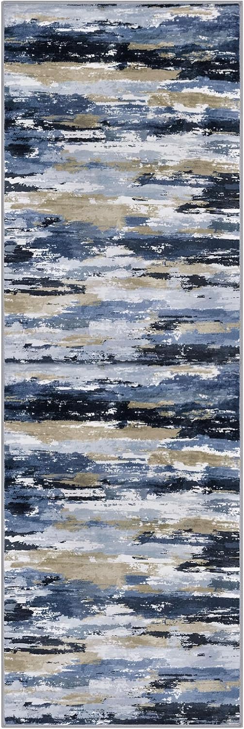 Abstract Washable Runner Rug 2x6 Runners for Hallways, Non-Slip Kitchen Runner Printed Faux Wool Entryway Runners Indoor, Soft Thin Floor Carpet for Entry Bedroom, Navy Blue Multi