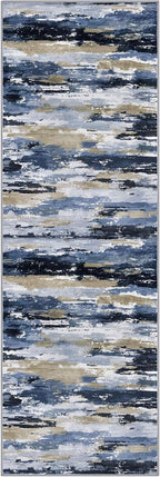 Abstract Washable Runner Rug 2x6 Runners for Hallways, Non-Slip Kitchen Runner Printed Faux Wool Entryway Runners Indoor, Soft Thin Floor Carpet for Entry Bedroom, Navy Blue Multi