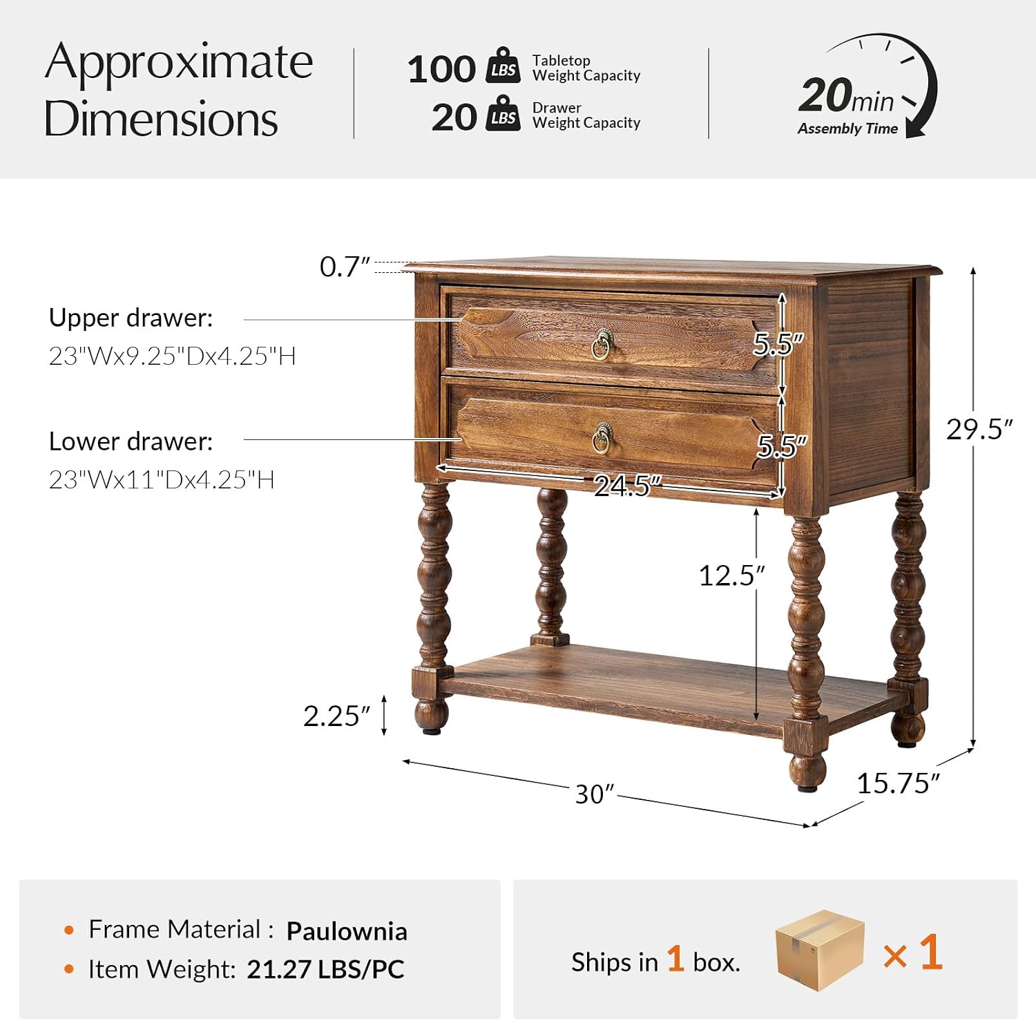 Solid Wood Spindle End Table with Charging Station, Traditional Farmhouse Side Table with 2 Drawers, Living Room Accent Beside Table with Adjustable Feet, Walnut
