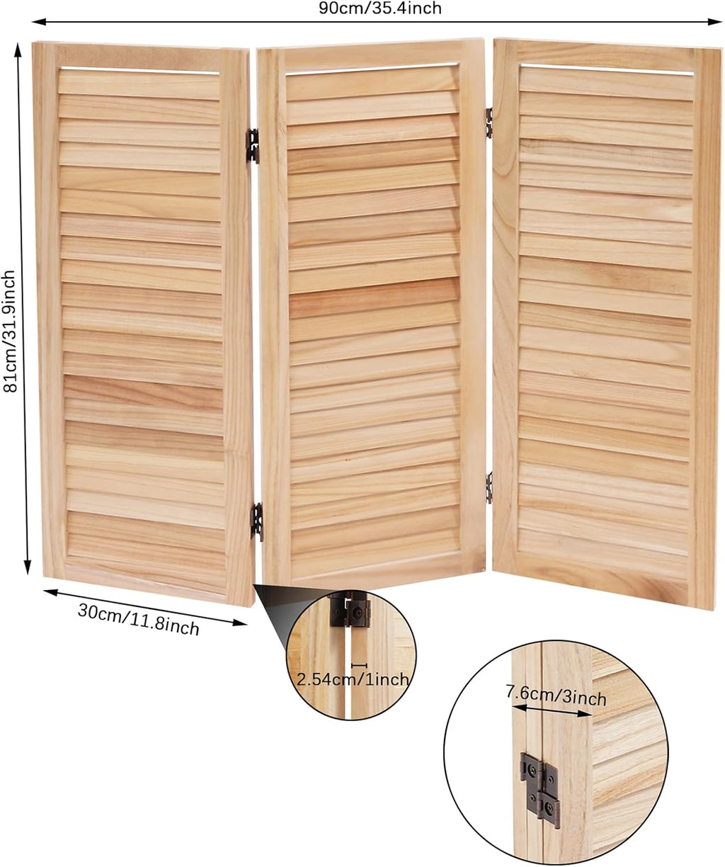 3 Panel 35 * 32in Short Room Divider Screen, 2.7 Ft Paulownia Wood Folding Privacy Screen Freestanding Shutter Divider for Home Office Indoor Decor(Wood Color