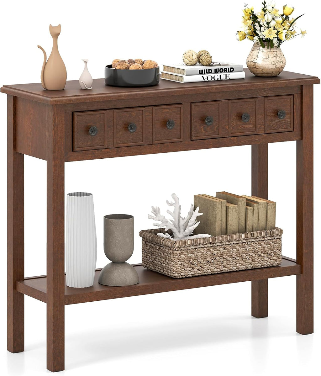 Giantex 2-Tier Narrow Console Table, 38" Retro Entryway Table with 2 Drawers and Open Storage Shelf, Wood Accent Sofa Tables for Living Room, Foyer, Hallway, Bedroom, Entrance
