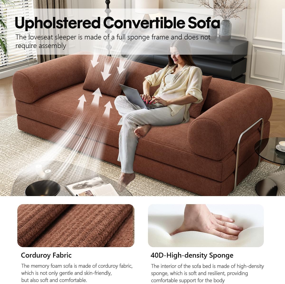 78.8" Modular Sofa Bed - 4-in-1 Convertible Design with Corduroy Fabric and High Density Sponge, Removable Cover and Fixed Frame