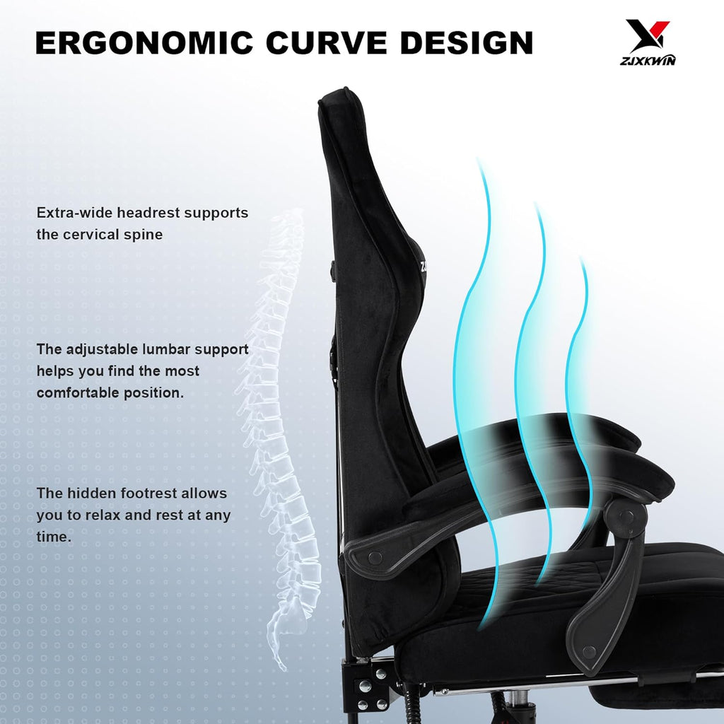 Velvet Gaming Chair, Ergonomic High Back Racing Chair with Footrest, Spring Wide Cushion, Adjustable Headrest & Lumbar Support, 90-135° Recline, 360° Swivel, 300lbs for Home Office, Black