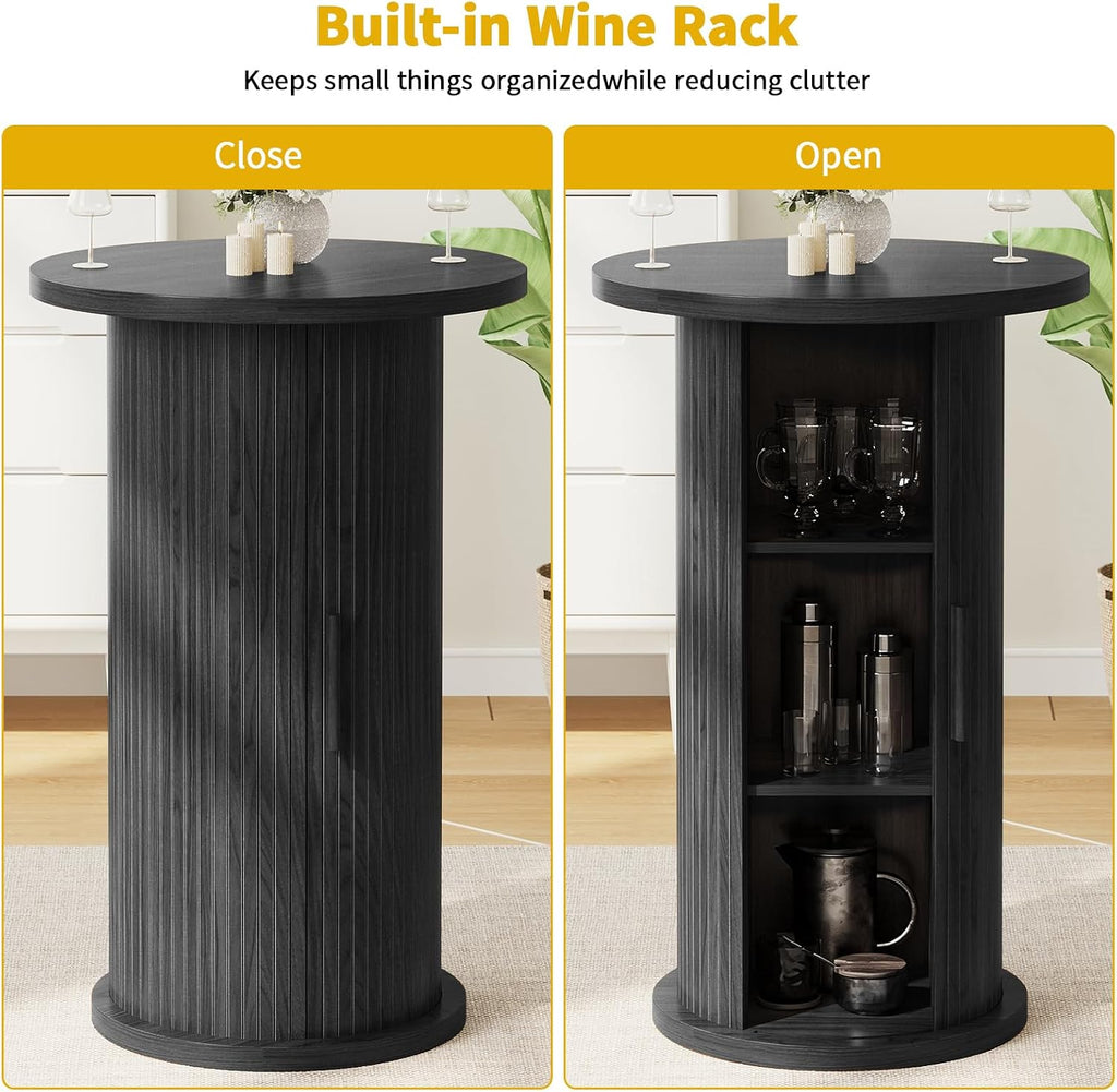 Round Bar Table with 3-Tier Hidden Storage Shelves Slide Door, 36.4'' High Top Bistro Table Cocktail Table for Small Bars, Dining Room, Living Room (Black)