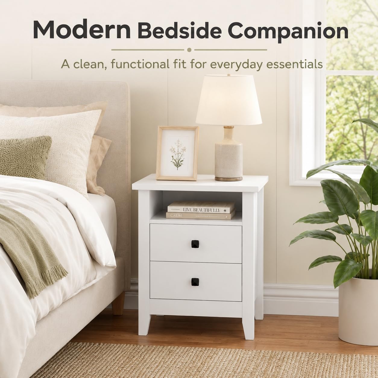 JSB Farmhouse Nightstand Set of 2 with 2 Drawers, Open Shelf for Bedroom | Night Stand, End Table,Bed Side, Side Table with Storage for Bedroom Kids Room Living Room, Holds 110 lbs,Sturdy, White