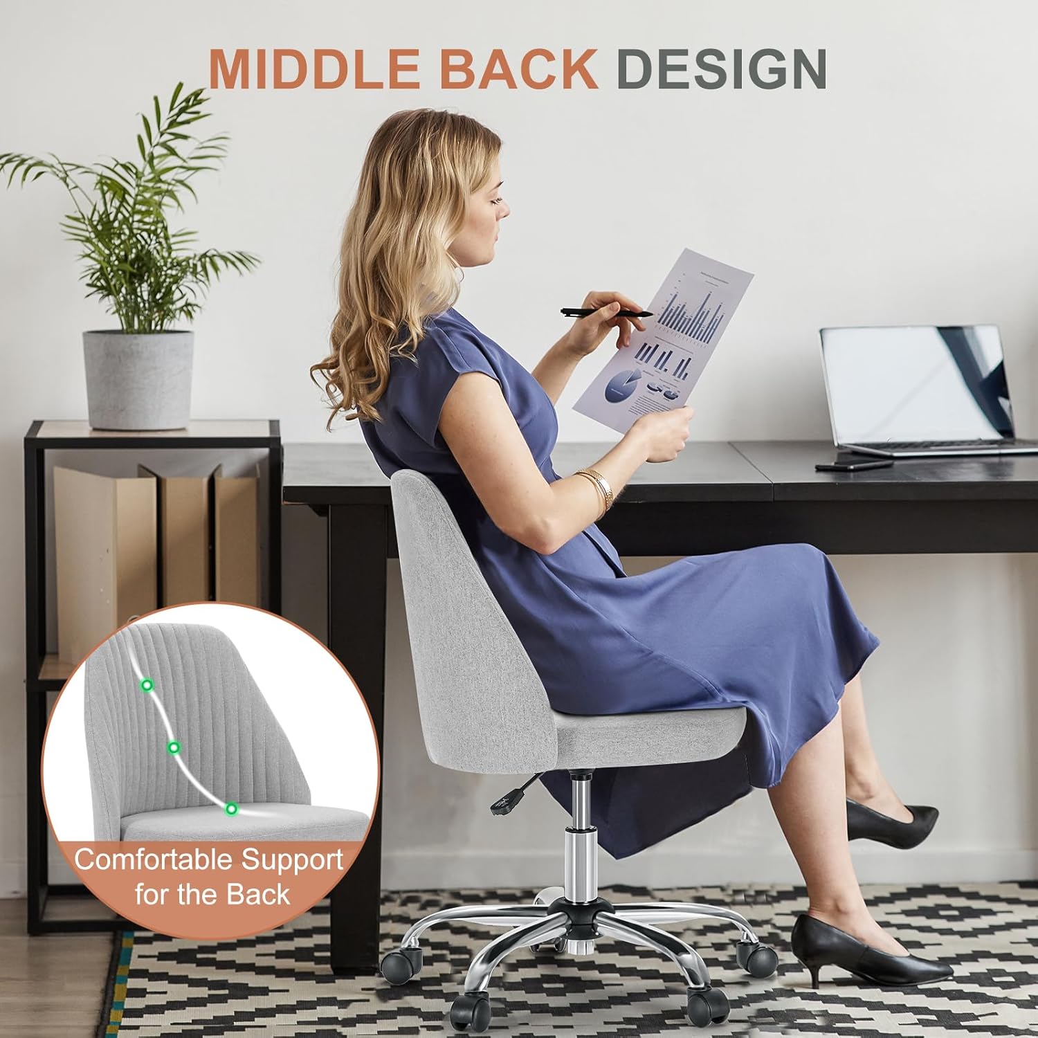 DUMOS Office Chair, Comfy Desk Chair Rolling Vanity Swivel Task Chairs with Wheels, Wide Seating Armless Height Adjustable Computer Chairs for Home,Bedroom,Student,Adults, Classic Grey