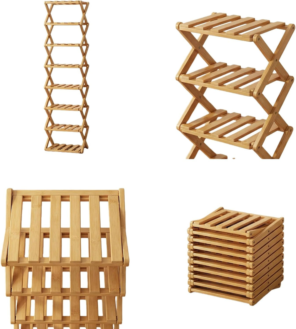 Foldable Bamboo Shoe Rack, 9-Tier No Assembly Shoe Organizer, Space-Saving Free Standing Shoe Storage Shelf for Entryway, Hallway, Closet, Holds 7-14 Pairs of Shoes, Natural Bamboo Finish (Bamboo, 7)