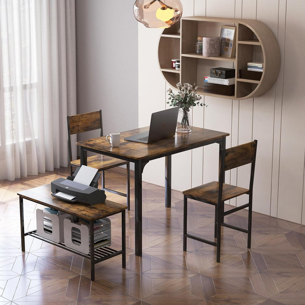 Giantex Dining Table Set for 4, Kitchen Table with Bench and Chairs, Industrial Gathering Bench Dining Set W/Metal Frame & Storage Rack, Dinette Set, Modern Functional Desk Set (Rustic Brown)