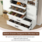 Loomie 66.9" Farmhouse Kitchen Pantry Cabinet, 5 Drawers Storage Cabinet with 4 Side Shelves & 6 Door Shelves, Freestanding Hutch with Doors, Buffet Sideboard, Cupboard for Dining Room, White (White)