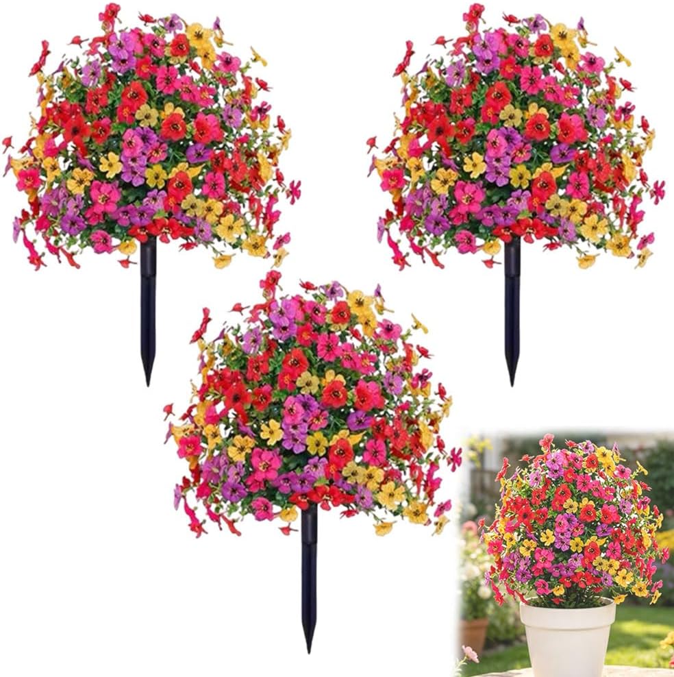 Artificial Petunias with Ground Stake - UV Resistant & Waterproof Faux Flowers for Outdoor Indoor Garden, Yard, Planter, Porch & Home Decor (3pcs)