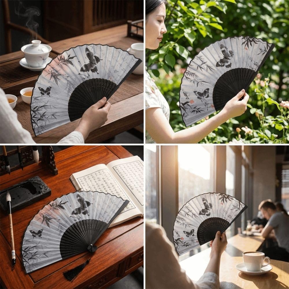 Chinese Style Antique Silk Folding Hand Fan, Elegant Dance Fan Art Crafts with Tassel Handheld Dance Fan Dance Props ﻿