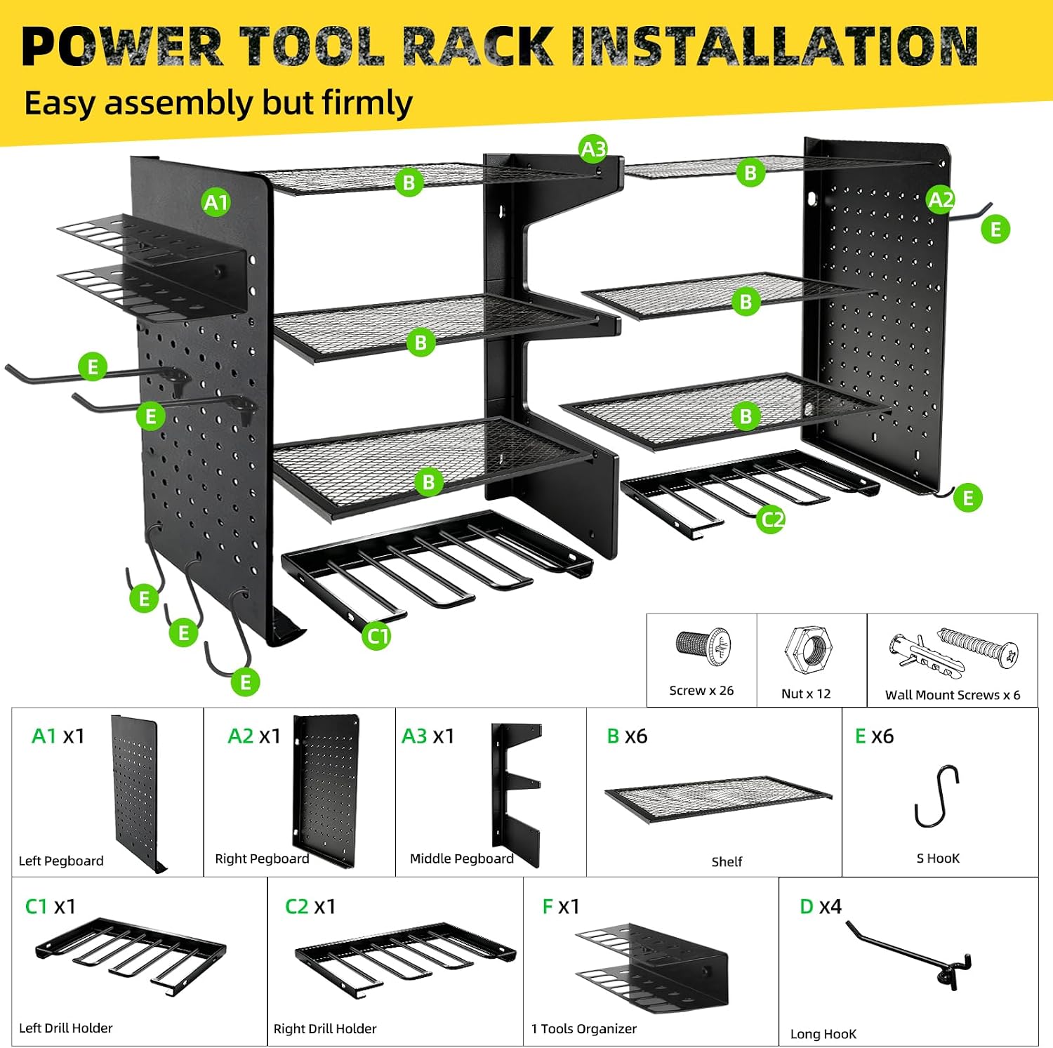 Power Tool Organizer Wall Mount, 4 Tier Heavy Duty Tool Storage Rack, 400 LBS Capacity with Drill Tools Holder & Hooks, Tool Organizers and Storage for Garage, Warehouse, Workshop, Gifts for Men