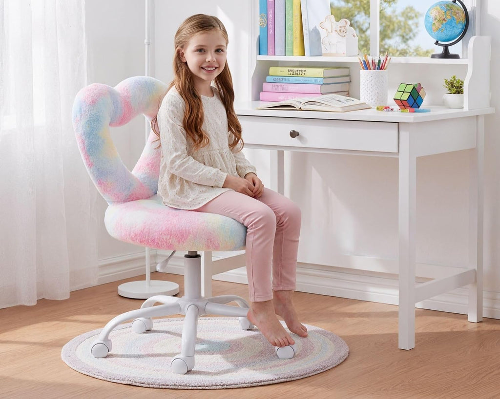 HNY Kids Desk Chair with Wheels, Cute Furry Vanity Chair with Hollowed Heart-Shape Back Adjustable Rolling Computer Study Task Chair for Girls, Fluffy Faux Fur Kids Swivel Chair for Bedroom, Colorful