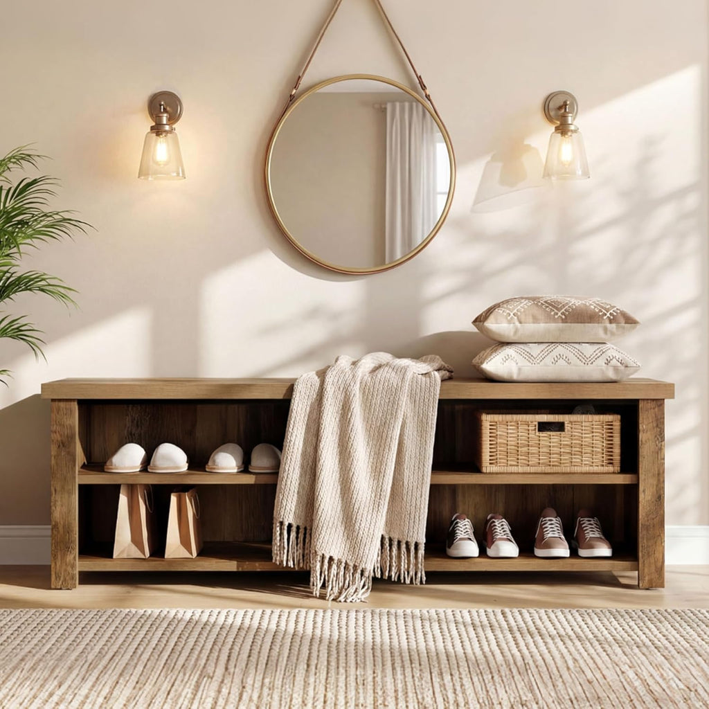 Tribesigns 55.12" Entryway Bench with Storage, Farmhouse Shoe Storage Bench with 2-Tier Shelves, Shoe Rack for Entryway, Hallway, Mudroom, Bedroom, Rustic Brown