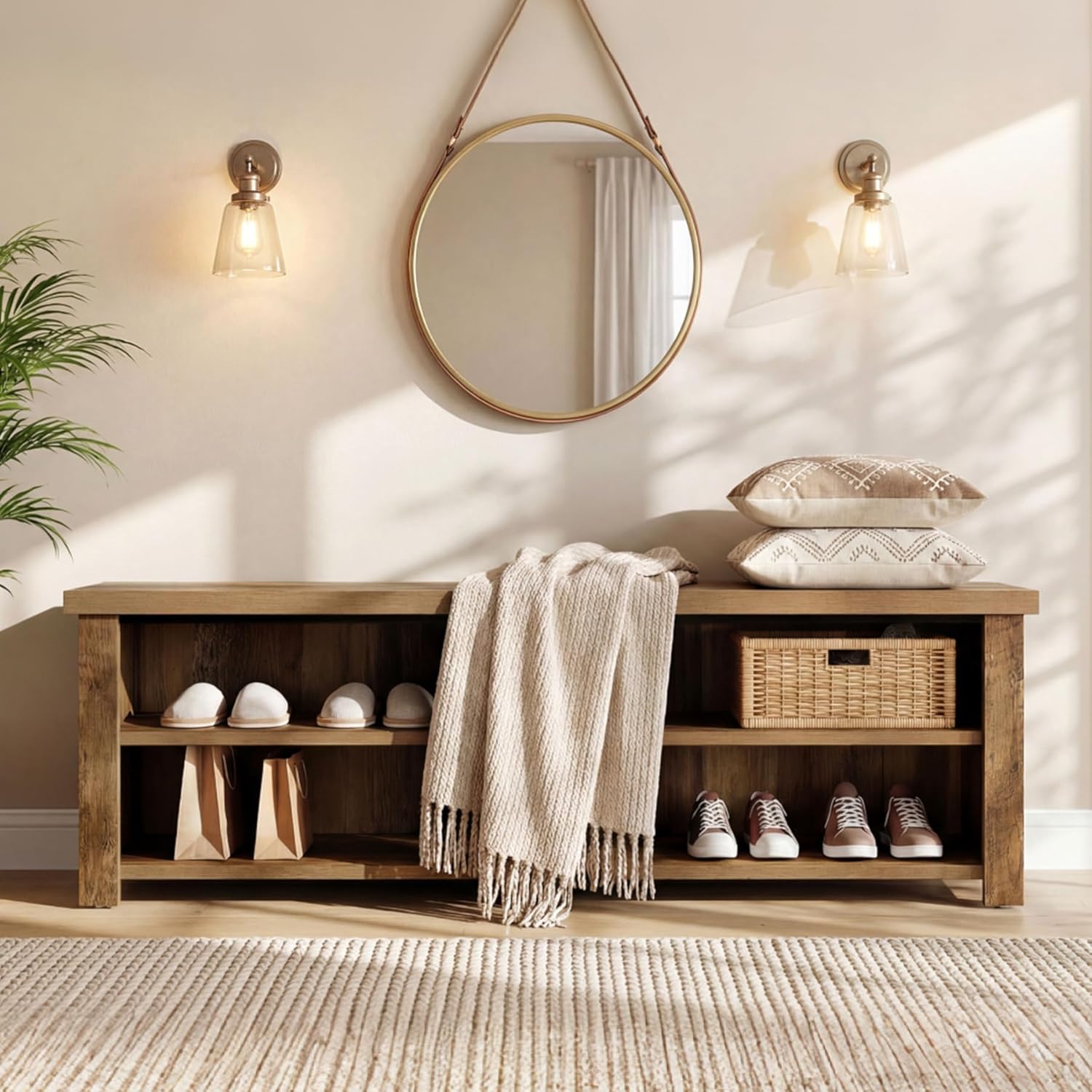 Tribesigns 55.12" Entryway Bench with Storage, Farmhouse Shoe Storage Bench with 2-Tier Shelves, Shoe Rack for Entryway, Hallway, Mudroom, Bedroom, Rustic Brown