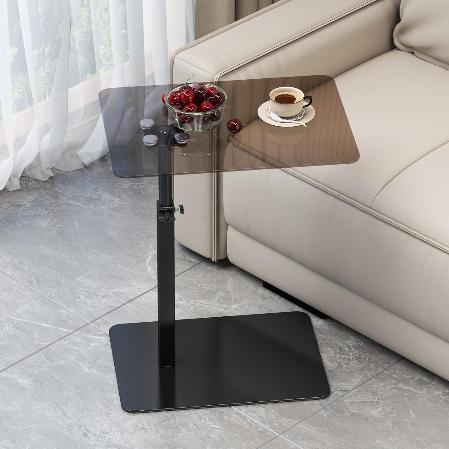 Glass C Shaped End Table Adjustable Height, Metal Base C Shaped Side Table for Sofa/Bed, 360°Swivel Couch Tables That Slide Under, Small Clear Coffee Table for Bedroom Living Room (Glass)