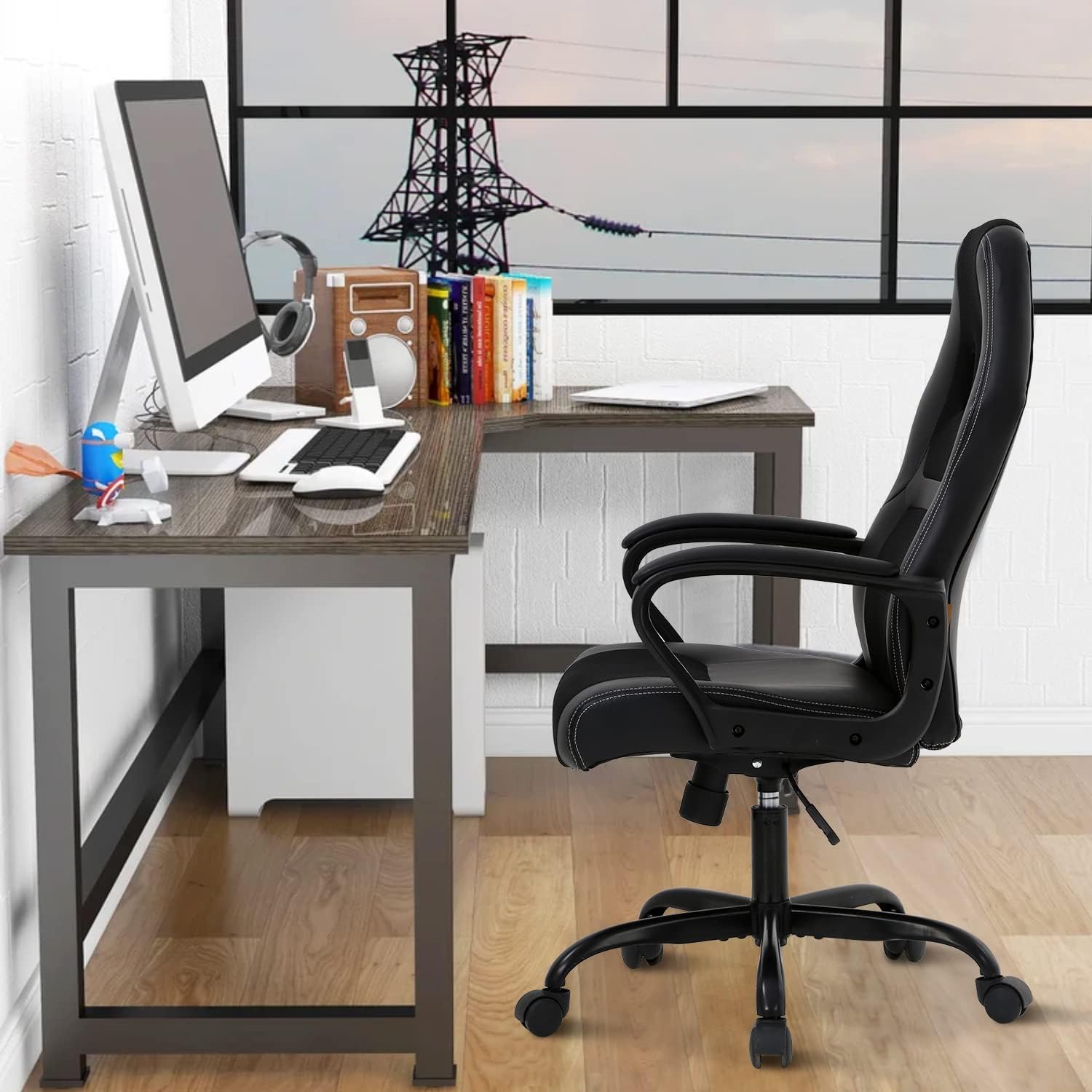 PC Gaming Chair Ergonomic Computer High-Back Racing with Lumbar Support Armrest Adjustable PU Leather Swivel Rolling Executive Office Desk for Home Adults,Black