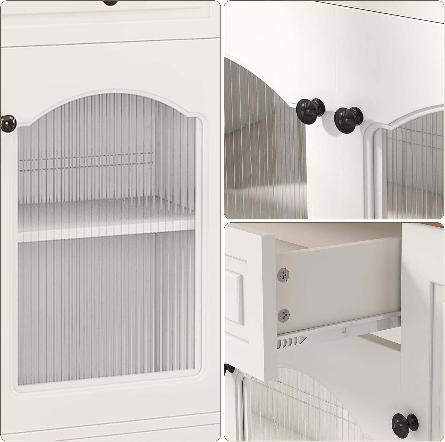 Kitchen Pantry Cabinet with Drawer Storage, 48” Modern Farmhosue Kitchen Hutch with Glass Doors, White Storage Cabinet with Countertop and Adjustable Shelves for Dining Room, Living Room