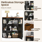 Vabches Corner Cabinet, Corner Storage Shelf with USB Ports and Outlets Industrial Organizer for Small Space Wooden 6-Cubby Bookshelf for Study, Playroom, Living Room (Black and Brown)