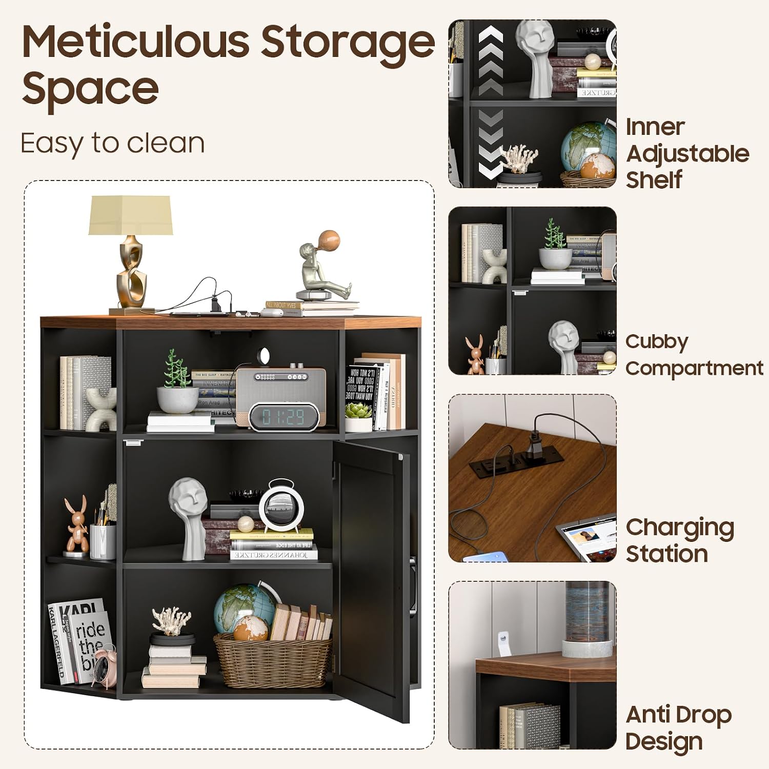Vabches Corner Cabinet, Corner Storage Shelf with USB Ports and Outlets Industrial Organizer for Small Space Wooden 6-Cubby Bookshelf for Study, Playroom, Living Room (Black and Brown)