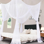 South to East White Canopy Bed Curtains, 4 Corner Post Bed Canopy for Girls & Adults, Top Luxurious Bed Drapes for Bedroom Decoration, 4 Openings, 100% Ripstop Polyester, Easy Install, King Size