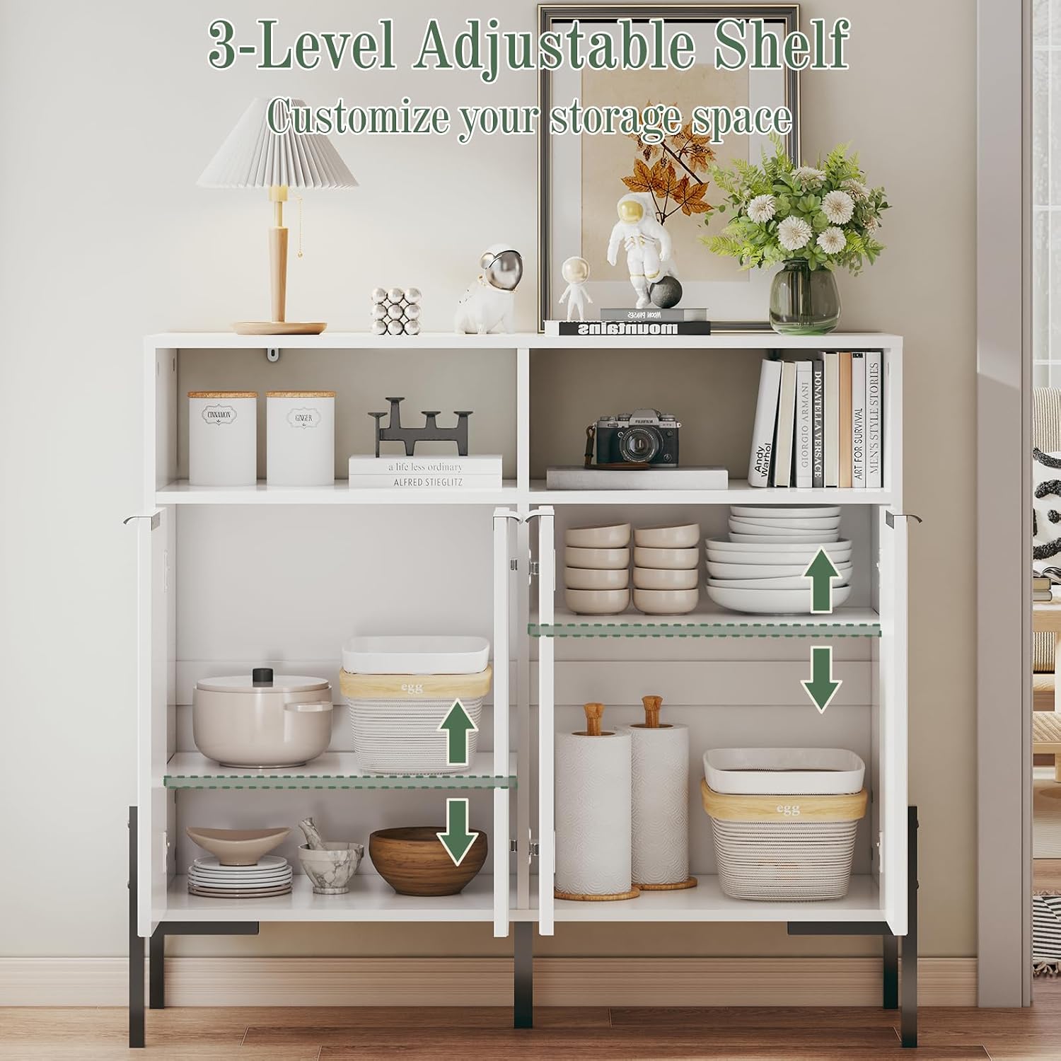White Buffet Cabinet with Storage, Fluted Storage Cabinet with Doors & Adjustable Shelves, Solid Wood TV Stand Credenza for Kitchen Dining Room, 41"L x 14"D x 37"H Easy Assembly Kitchen Sideboard