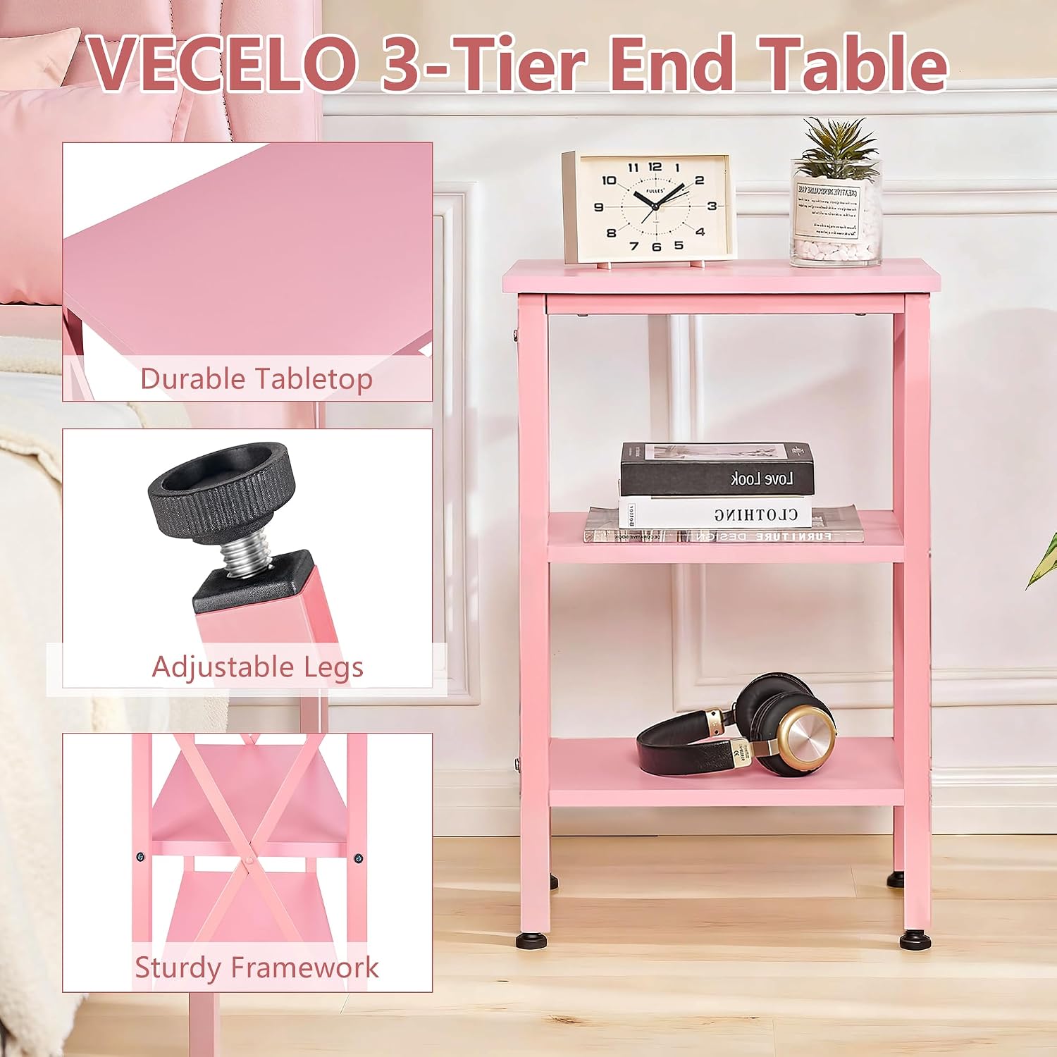 VECELO End Table, 24" Tall Living Room Side Tables, X-Design Reinforced Bedside Table, Nightstands with 3-Tier Storage Shelves for Small Spaces, Office, Bathroom, Bedroom, Pink, 1 Pack